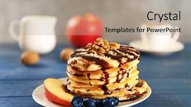  Presentation with syrup - Cool new PPT theme with delicious pancakes with chocolate syrup blueberry and sliced apple on blue wooden table backdrop and a coral colored foreground