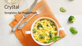  Presentation with table napkin - PPT theme having delicious pasta al forno in ceramic bowl and orange napkin on white table background and a lemonade colored foreground