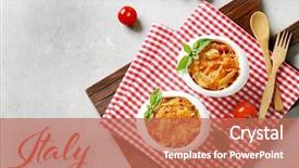 Presentation with italy food - Colorful slide deck enhanced with delicious pasta al forno in bowls on napkin word italy on background italian food concept backdrop and a coral colored foreground