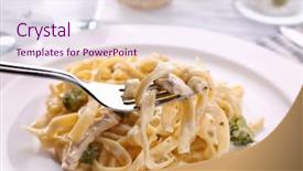  Presentation with pasta - PPT theme with delicious pasta alfredo with chicken background and a sky blue colored foreground