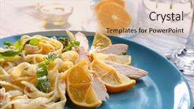  Presentation with pasta - PPT theme enhanced with delicious pasta alfredo with chicken background and a coral colored foreground