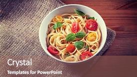  Presentation with cutlery - Slide deck featuring delicious pasta in bowl and cutlery on wooden and sack burlap background background and a coral colored foreground