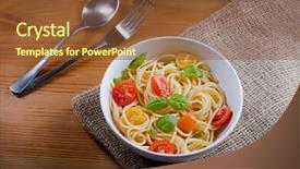  Presentation with cutlery - Presentation design featuring delicious pasta in bowl and cutlery on wooden and sack burlap background background and a tawny brown colored foreground