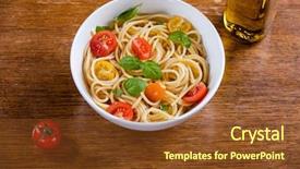  Presentation with olive oil bottle - PPT theme enhanced with cooked spiral pasta served - delicious paste and olive oil background and a tawny brown colored foreground