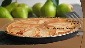  Presentation with pear - Cool new PPT layouts with delicious-pear-tart-on-table backdrop and a gold colored foreground