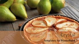  Presentation with pear - Theme with delicious pear tart on table background and a gold colored foreground