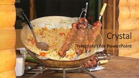  Presentation with iron - PPT theme consisting of delicious pilaf in iron pan background and a gold colored foreground