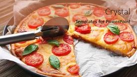  Presentation with pizza - Theme featuring delicious-pizza-on-kitchen-table background and a coral colored foreground