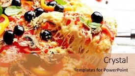  Presentation with served - Colorful slides enhanced with delicious pizza served on wooden backdrop and a gold colored foreground