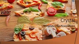  Presentation with pizza - Colorful PPT layouts enhanced with bell shape - delicious pizza slices on wooden backdrop and a  colored foreground