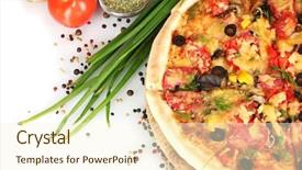  Presentation with pizza - Audience pleasing PPT theme consisting of delicious pizza vegetables spices and oil isolated on white backdrop and a cream colored foreground