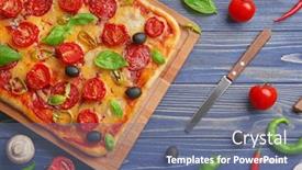  Presentation with pizza - Cool new PPT theme with delicious pizza with ingredients on wooden background backdrop and a ocean colored foreground