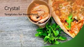  Presentation with meat food - Colorful slides enhanced with delicious pizza with seafood backdrop and a gold colored foreground