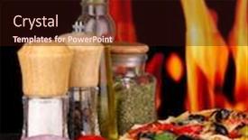  Presentation with pizza - Cool new slide deck with delicious pizza with spices on wooden table on fire background backdrop and a wine colored foreground