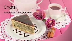  Presentation with cup cake - Presentation theme enhanced with delicious poppy seed cake with cup of coffee on table close-up background and a coral colored foreground