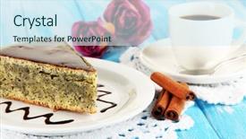  Presentation with cup cake - Amazing slide deck having delicious poppy seed cake with cup of coffee on table close-up backdrop and a cool aqua colored foreground