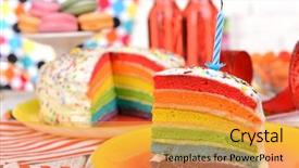  Presentation with cake - Colorful PPT theme enhanced with delicious rainbow cake on plate backdrop and a gold colored foreground