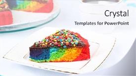  Presentation with tablecloth - Audience pleasing slides consisting of delicious rainbow cake on plate backdrop and a sky blue colored foreground