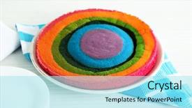  Presentation with rainbow birthday cake - Slide deck consisting of delicious rainbow cake on plate background and a  colored foreground