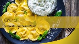  Presentation with mushrooms - Audience pleasing presentation design consisting of delicious-ravioli-with-mushrooms backdrop and a gold colored foreground