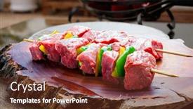  Presentation with raw meat - PPT theme with delicious-raw-meat-skewer-beef background and a tawny brown colored foreground