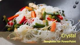  Presentation with noodle - Colorful presentation design enhanced with delicious rice noodle stewing with vegetables on wok backdrop and a coral colored foreground