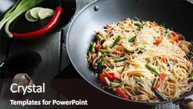  Presentation with noodle - PPT theme enhanced with delicious rice noodle with vegetables on wooden table background and a wine colored foreground