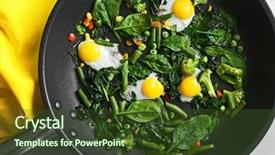  Presentation with quail - PPT theme enhanced with delicious roasted quail eggs with spinach and french bean on pan closeup background and a tawny brown colored foreground