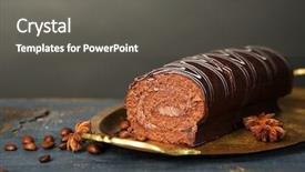 Presentation with roll cake - Colorful slide deck enhanced with delicious roll cake on wooden table on dark background backdrop and a dark gray colored foreground