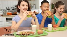 Presentation with canteen - Slide set consisting of eating delicious sandwiches in school background and a coral colored foreground