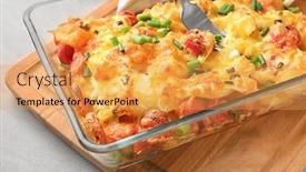  Presentation with baking - Colorful presentation theme enhanced with delicious sausage casserole in baking dish on table closeup backdrop and a yellow colored foreground