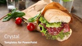  Presentation with sandwich - Slide deck consisting of delicious sausage sandwich on wooden board background and a coral colored foreground