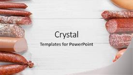  Presentation with sausages meatball - Colorful PPT layouts enhanced with delicious sausages on wooden background backdrop and a white colored foreground