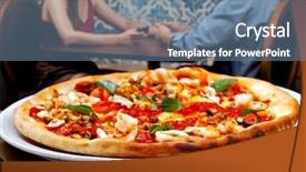  Presentation with delicious in memory - PPT theme featuring delicious seafood pizza background and a seafoam green colored foreground
