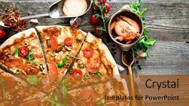  Presentation with meat food - Audience pleasing presentation theme consisting of delicious seafood pizza backdrop and a gold colored foreground
