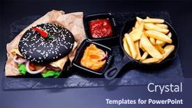  Presentation with burger fries - Theme enhanced with delicious set burger french fries curry sauce chilli background and a ocean colored foreground