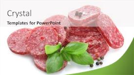  Presentation with peppers - Slides consisting of delicious-sliced-sausage-with-basil background and a sky blue colored foreground