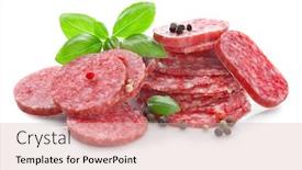  Presentation with peppers - Presentation theme having delicious-sliced-sausage-with-basil background and a lemonade colored foreground