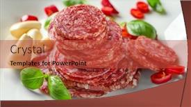  Presentation with chili - Beautiful PPT theme featuring delicious-sliced-sausage-with-garlic backdrop and a red colored foreground