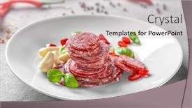  Presentation with garlic - Beautiful PPT theme featuring delicious-sliced-sausage-with-garlic backdrop and a light gray colored foreground