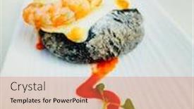  Presentation with tapas - Slide deck with shrimps garlic olive oil - delicious spanish tapas made background and a coral colored foreground