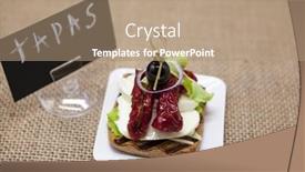  Presentation with dried tomato - Beautiful slide set featuring delicious spanish tapas with a rustic mozzarella and dried tomato with olive backdrop and a coral colored foreground