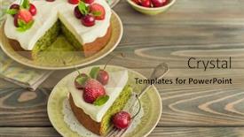  Presentation with biscuit - Beautiful presentation theme featuring delicious spinach biscuit cake with cherries and strawberries on wooden background backdrop and a coral colored foreground