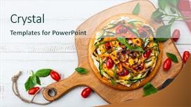  Presentation with top view of appetizing fresh - Amazing theme having delicious summer appetizer vegetarian pizza backdrop and a sky blue colored foreground