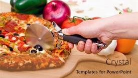  Presentation with meat - Presentation theme enhanced with delicious-supreme-pizza-with-meat background and a coral colored foreground