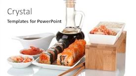  Presentation with soy sauce - Colorful theme enhanced with delicious sushi on plate chopsticks soy sauce fish and shrimps isolated on white backdrop and a white colored foreground