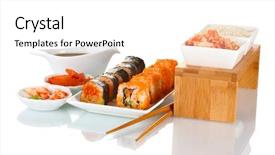  Presentation with soy sauce - Beautiful presentation design featuring delicious sushi on plate chopsticks soy sauce fish and shrimps isolated on white backdrop and a white colored foreground