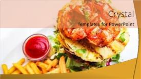  Presentation with burger fries - PPT layouts having delicious thai burger with prawn and golden french fries background and a gold colored foreground