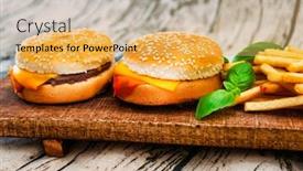  Presentation with burger fries - PPT theme having delicious thai burger with prawn and golden french fries background and a yellow colored foreground