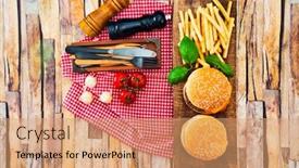  Presentation with burger fries - Audience pleasing slides consisting of delicious thai burger with prawn and golden french fries backdrop and a coral colored foreground